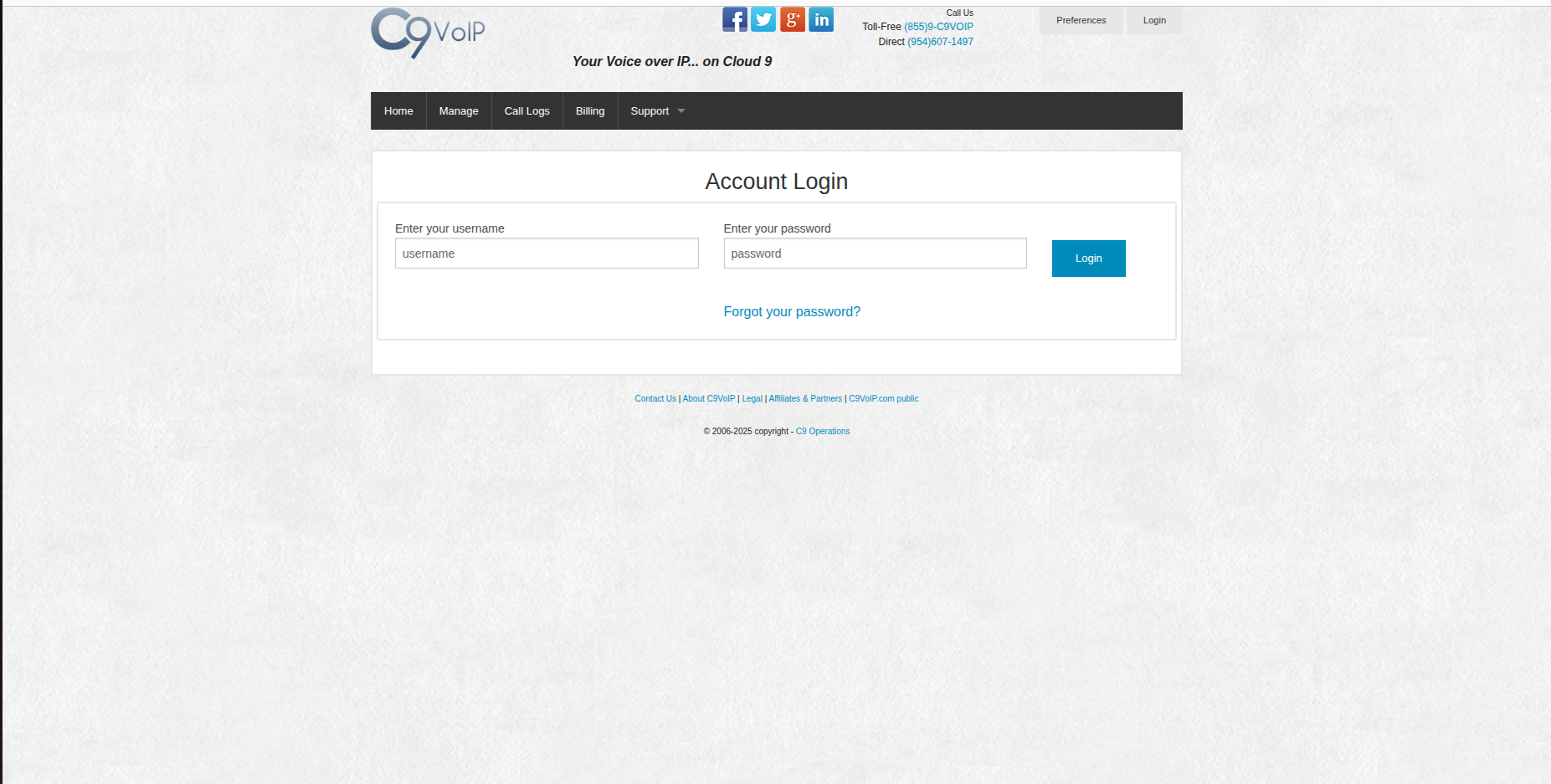 C9 Telecom User Portal Screenshot